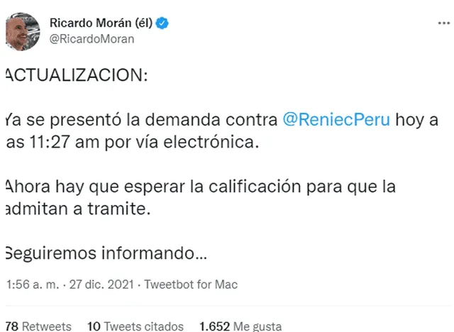 Ricardo Morán presentó denuncia contra la Reniec en el 2021