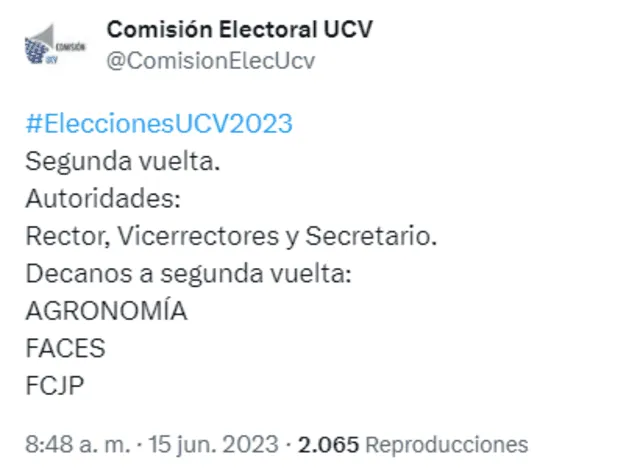 La Comisión Electoral de la Universidad Central de Venezuela compartió los cargos que se debatirán en una segunda vuelta. Foto: Twitter/Comisión Electoral UCV.