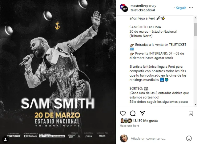  Teleticket anuncia concierto de Sam Smith. Foto: Instagram    