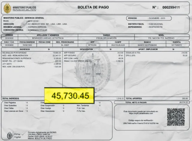  Boleta de pago de Patricia Benavides del <strong>mes de diciembre 2023</strong>. Foto: El Foco    