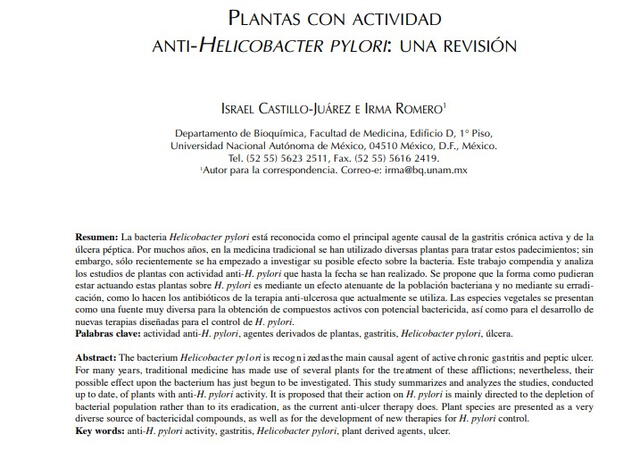  Reporte "Plantas con actividad anti-Helicobacter pylori: una revisión". Foto: captura en web / Redalyc.    