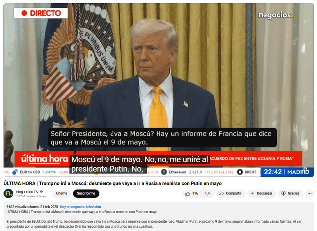 <em> Donald Trup indicó que no asistirá a la invitación de Vladímir Putin. Foto: captura de YouTube.</em>   