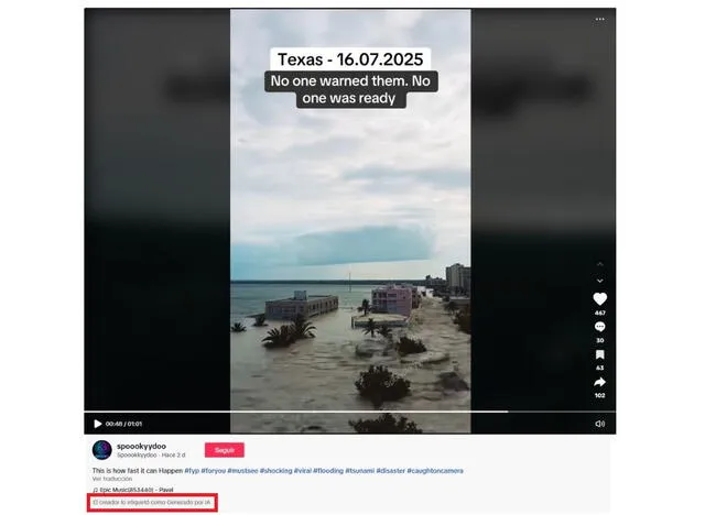 <em>Video de temática similar a la secuencia viral. En rojo, la etiqueta de "generado por IA". Foto: captura de TikTok</em>   