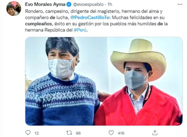Evo Morales felicita a Pedro Castillo por su cumpleaños.