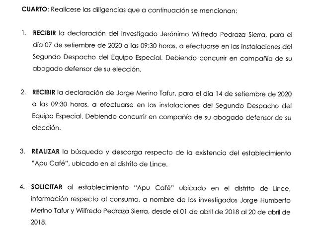 Disposiciones de la fiscal Geovanna Mori con diligencias vinculadas a Wilfredo Pedraza.