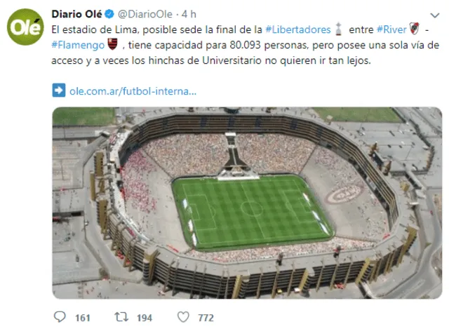 La nota de Olé sobre el Estadio Monumental.