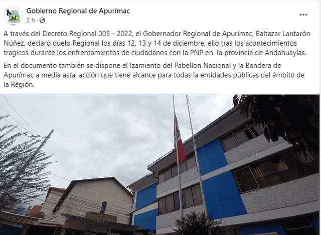Gobierno Regional de Apurímac declara duelo regional por muerte de manifestantes. Foto: GORE Apurímac