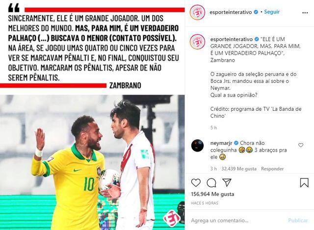 Neymar respondió la publicación del medio Esporte Interativo. Foto: Captura Instagram