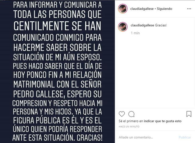Comunicado de Claudia Díaz anunciando fin de relación con Pedro Gallese