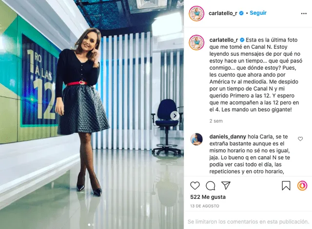 Instagram: Carla Tello confirmó su salida de Canal N