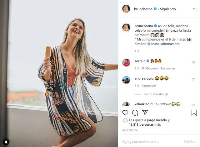 Brunella Horna anunciando en Instagram fiesta adelantad por cumpleaños.