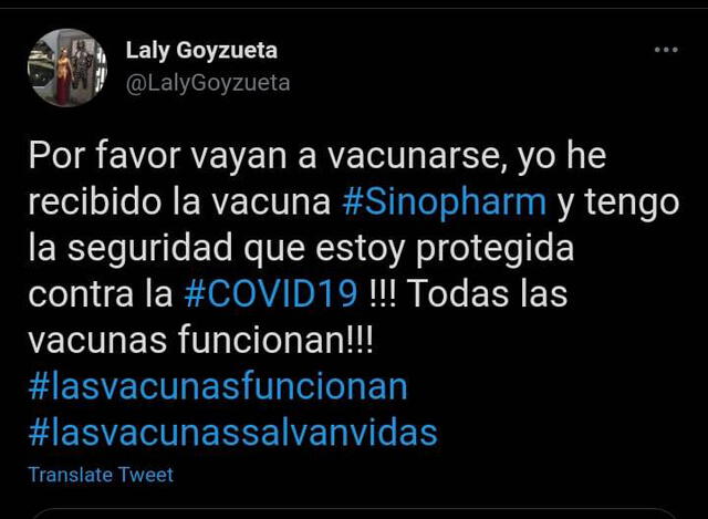 Laly Goyzueta pide que se vacunen con la Sinopharm. Foto: Laly Goyzueta/ Twitter