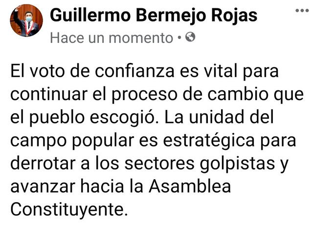 Guillermo Bermejo expresó su punto de vista sobre la cuestión de confianza a través de sus redes sociales. Foto: captura de Facebook