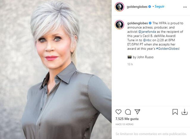 Publicación de los Globos de Oro sobre Jane Fonda. Foto: captura/Instagram