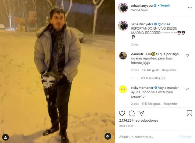 Sebastián Yatra en tormenta de nieve en Madrid