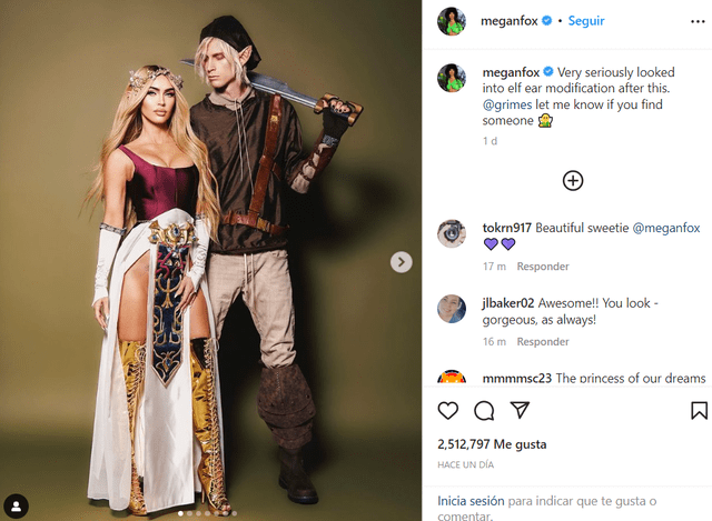 Megan Fox vestida de duende junto a su prometido. Foto: @meganfox/Instagram