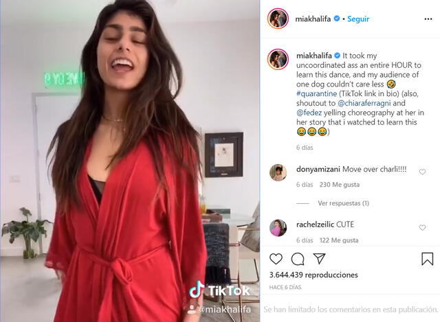 Mia Khalifa también comparte sus videos de Tik Tok en su cuenta de Instagram, donde consigue millones de reproducciones.