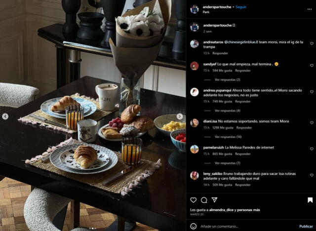 El francés Anders Partouche colgó la misma fotografía de la mesa completa en la que se ve el plato de Carolina. Foto: captura de Instagram/Anders Partouche<br>   