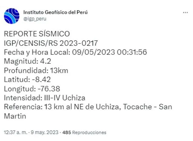 Datos del sismo en San Martín. Foto: IGP   