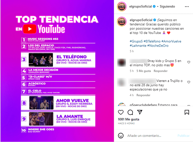 Grupo 5 en redes sociales. Foto: captura/Grupo 5/Instagram 