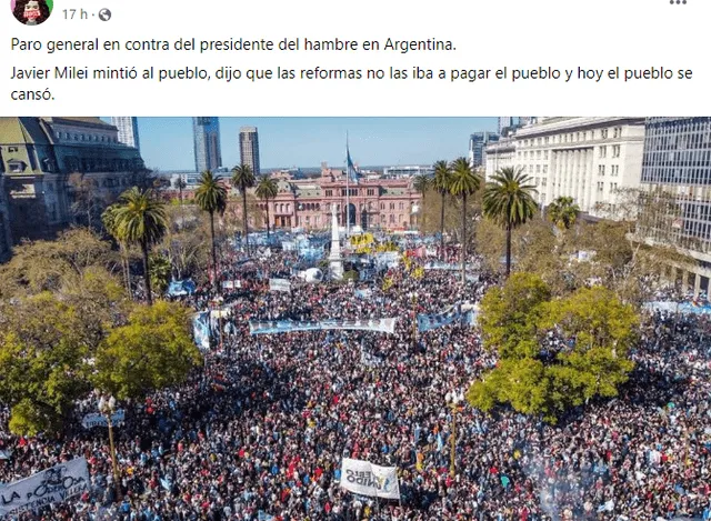  Desinformación sobre el paro nacional en Argentina. Foto: captura en Facebook.   
