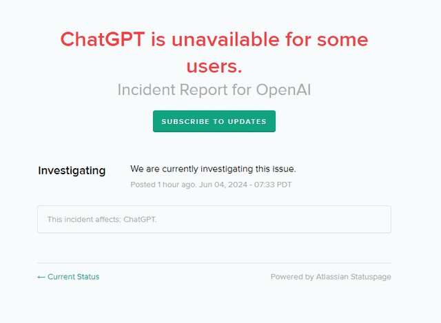 Open AI informera situation de ChatGPT en site officiel. Photo: capture