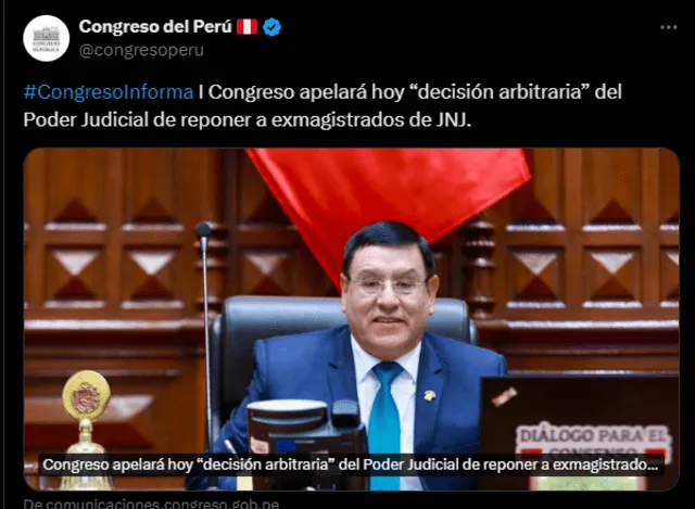Mediante su red oficial de X (antes Twitter), el Congreso calificó de "arbitraria" la decisión del Poder Judicial respecto al caso de Inés Tello y Aldo Vásquez. Foto: Congreso del Perú- X.   