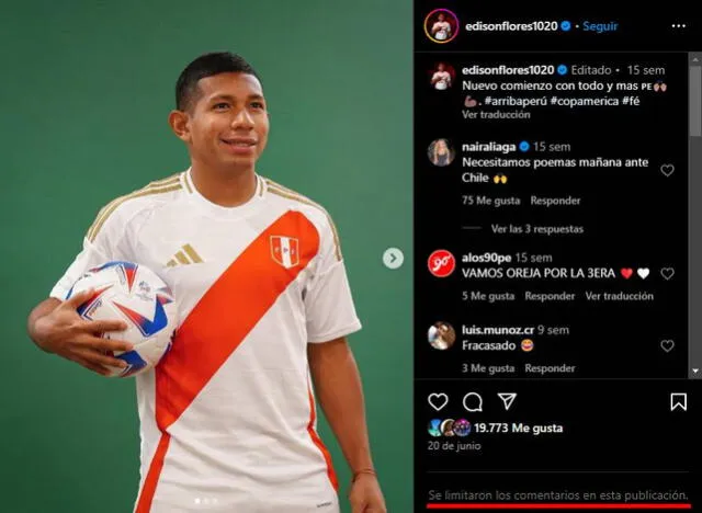  Edison Flores, además de borrar las fotos con su esposa, limitó los comentarios en Instagram. Foto: captura    