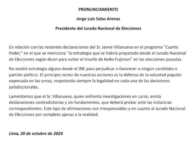 Pronunciamiento del presidente del Jurado Nacional de Elecciones, Jorge Luis Salas Arenas   