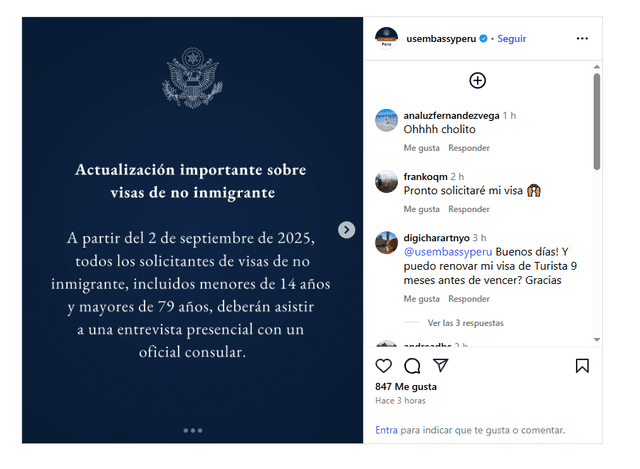  Comunicado oficial de la Embajada de Estados Unidos en Perú. Foto: Instagram.   
