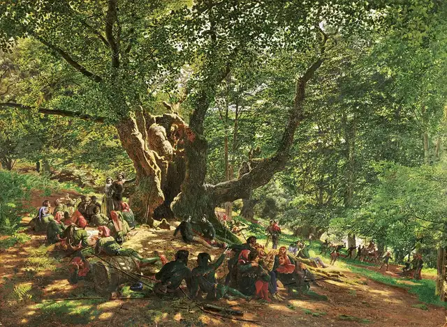 En este óleo de 1859, el pintor inglés Edmund George Warren representó al bandido medieval y a su banda de “merry men” alrededor del roble del bosque de Sherwood. En este óleo de 1859, el pintor inglés Edmund George Warren representó al bandido medieval y a su banda de “merry men” alrededor del roble del bosque de Sherwood.