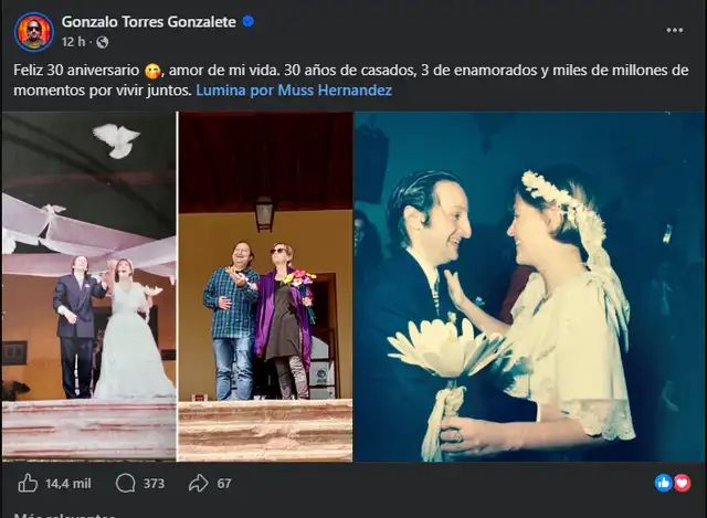 Publicación de Gonzalo Torres felicitando por los 30 años de casados a su esposa. Foto: Facebook. Publicación de Gonzalo Torres felicitando por los 30 años de casados a su esposa. Foto: Facebook.