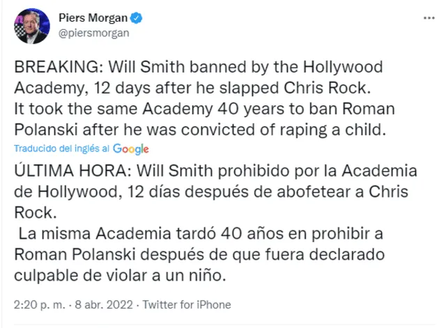 Usuario de Twitter acusa a la Academia de Hollywood de racismo. Foto: Twitter