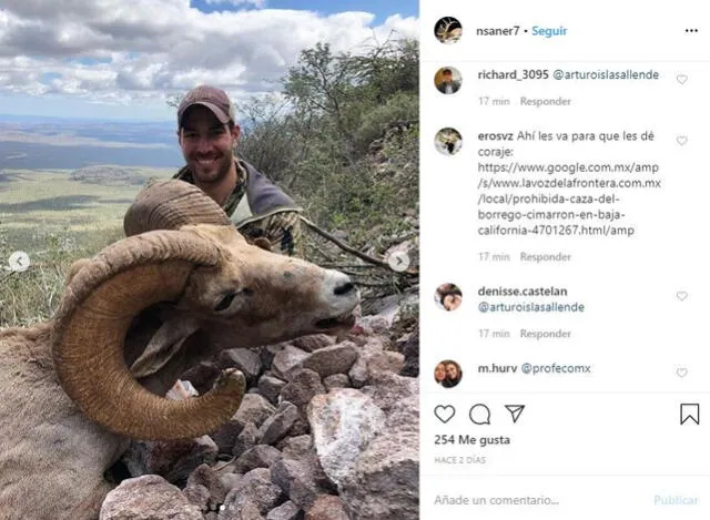 La comunidad del municipio de Tecate denunció el asesinato de un ejemplar de borrego cimarrón, especie en peligro de extinción, cazado por quien identificaron como el estadounidense Nick Saner.