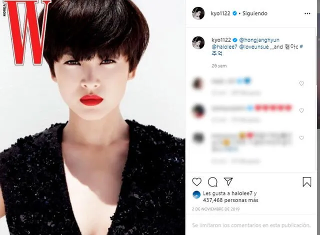 Publicación editada de Song Hye Kyo, donde retiro la etiqueta que señalaba su edad. Instagram, 2 de noviembre, 2019.