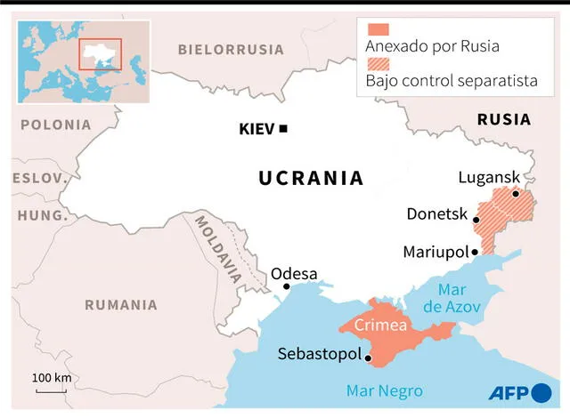 Ubicación de Crimea, Donetsk y Lugansk en Ucrania. La primera fue anexada por Rusia en 2014. Foto: AFP