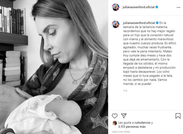 Juliana Oxenford también publicó una tierna imagen de la lactancia de su bebé, quien cumple 10 meses este jueves 5 de agosto. Foto: Juliana Oxenford / Instagram