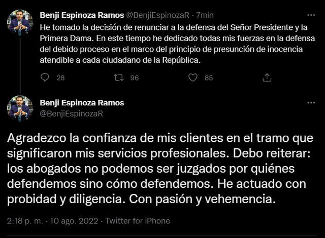 Abogado renuncia a la defensa de Pedro Castillo. Foto: Twitter de Benji Espinoza