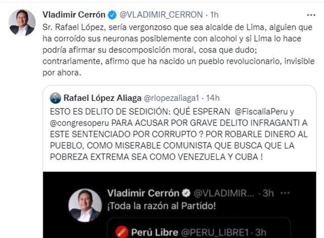 Vladimir Cerrón respondió a López Aliaga quien dijo que este había incurrido en el delito de sedición. Foto: Difusión