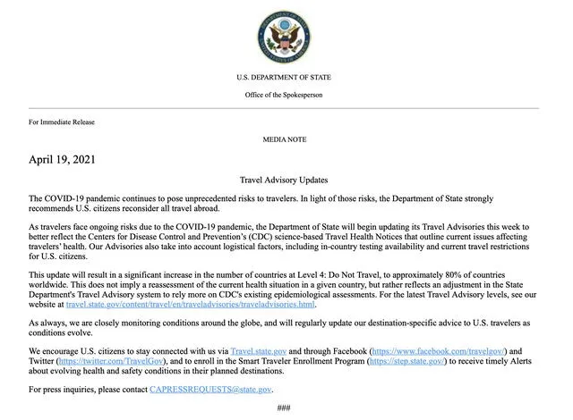 Comunicado del lunes 19 de abril del Departamento de Estado. Foto: Departamento de Estado de EE. UU.