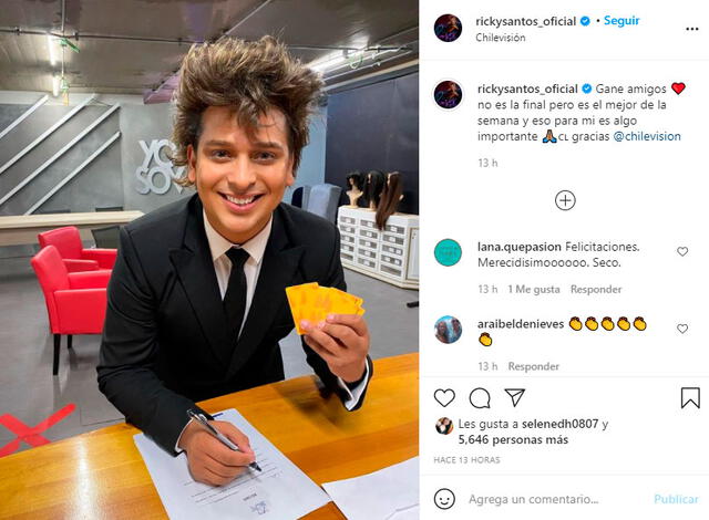Ricky Santos, ‘Luis Miguel’, expresó su emoción por ser elegido como el mejor de la semana en Yo soy Chile. Foto: Ricky Santos Instagram Ricky Santos, ‘Luis Miguel’, expresó su emoción por ser elegido como el mejor de la semana en Yo soy Chile. Foto: Ricky Santos Instagram