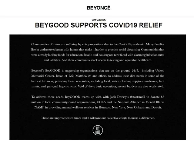 A través de su web, Beyoncé anunció la donación de 6 millones de dólares a afectados por el coronavirus.