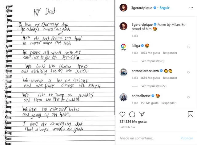 La publicación de Piqué en Instagram mostrando el poema de su pequeño hijo.