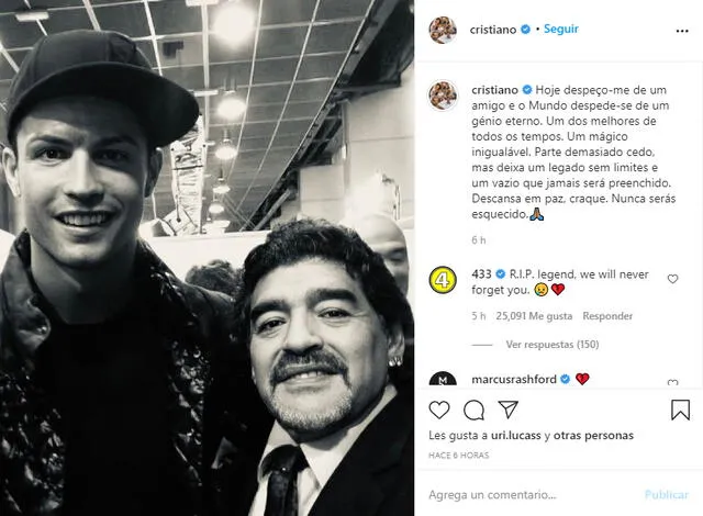Cristiano Ronaldo le dio el último adiós a Maradona en redes. Foto: captura de pantalla/Instagram
