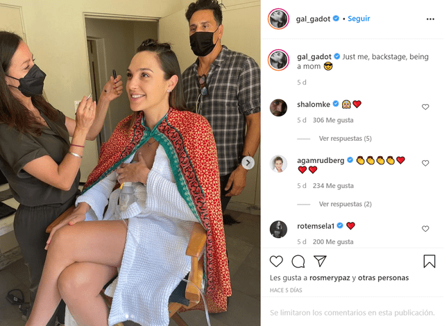 Gal Gadot publicó en su cuenta de Instagram el momento en el que se extrae la leche materna antes de empezar su trabajo en el rodaje. Foto: captura