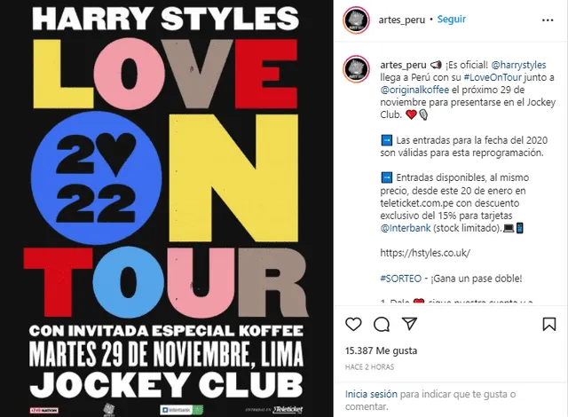 Confirman Perú como parte de la giran mundial de Love on tour 2022 de Harry Styles. Foto: Artes Perú/Instagram.