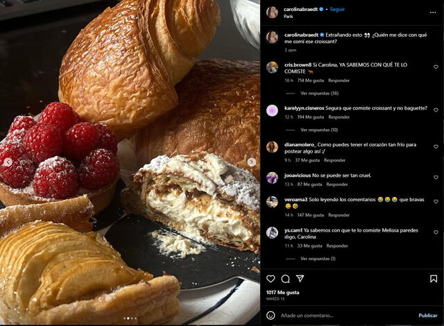 Carolina Braedt colgó una foto con un desayuno en París. Foto: captura de Instagram/Carolina Braedt   