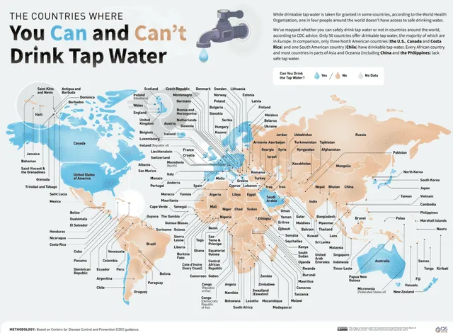  Mapa de los países donde se recomienda beber agua potable de los caños. Foto: QS Supplies UK<br>    