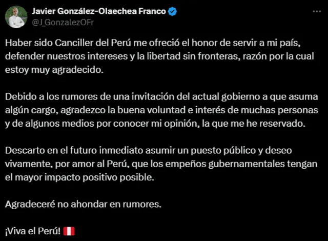  Excanciller se pronuncia tras haber sido señalado como reemplazo de Gustavo Adrianzén. | Foto: Javier González-Olaechea / X.   