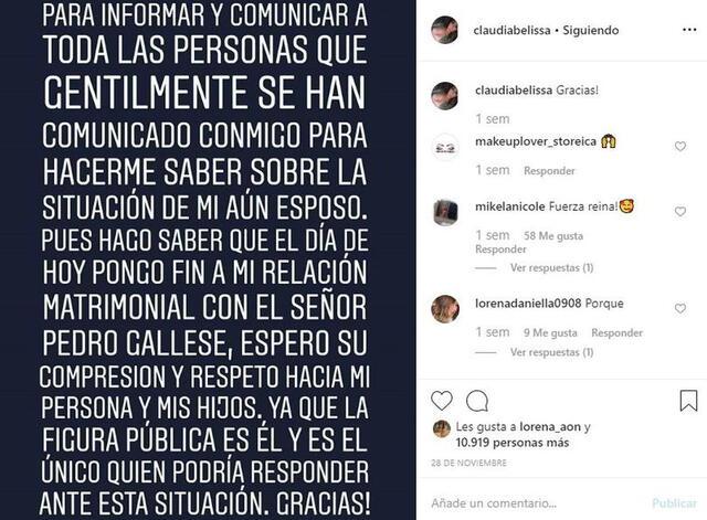 Claudia Díaz confirma fin de su matrimonio con Pedro Gallese en Instagram